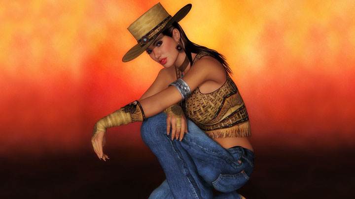 3d Girl Side Sitting Pose In Top And Blue Jeans And Hat